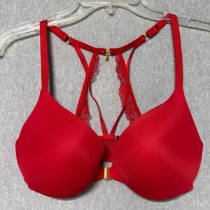 Victoria's Secret Very Sexy Red Front-Close Push-Up Bra 34D Lace Racerback Heart